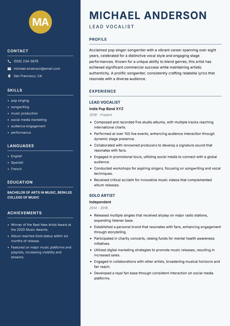 Singer resume sample — Lead Vocalist focus