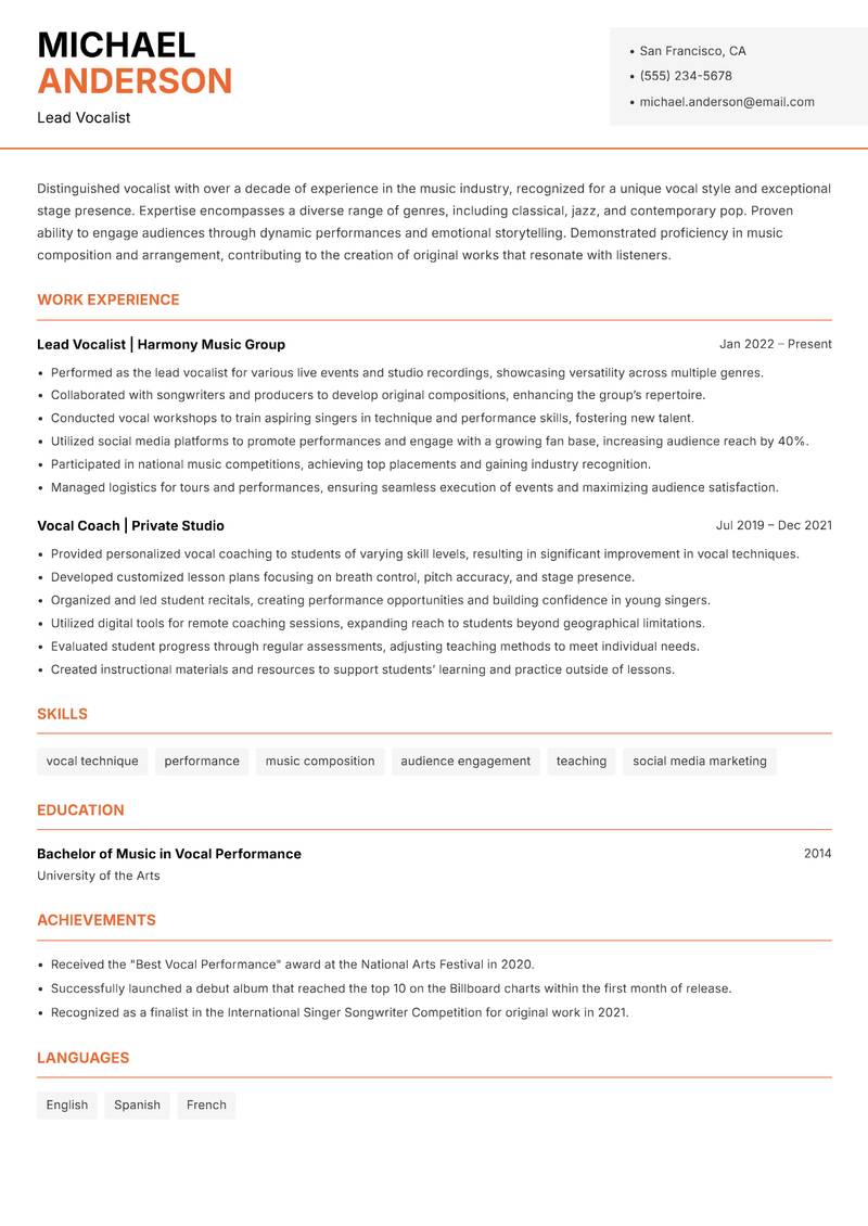 Singer resume sample — Lead Vocalist focus
