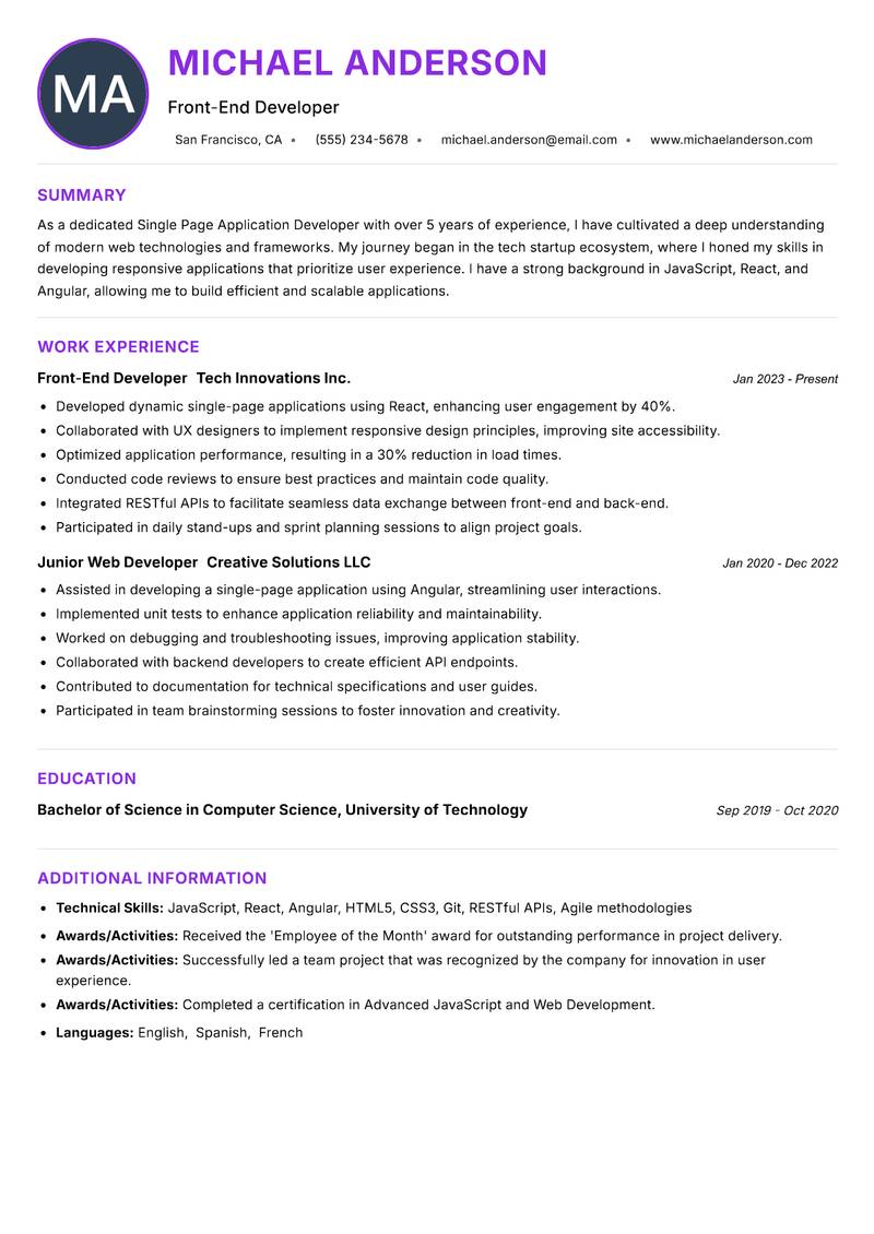 Single Page Application Developer resume example