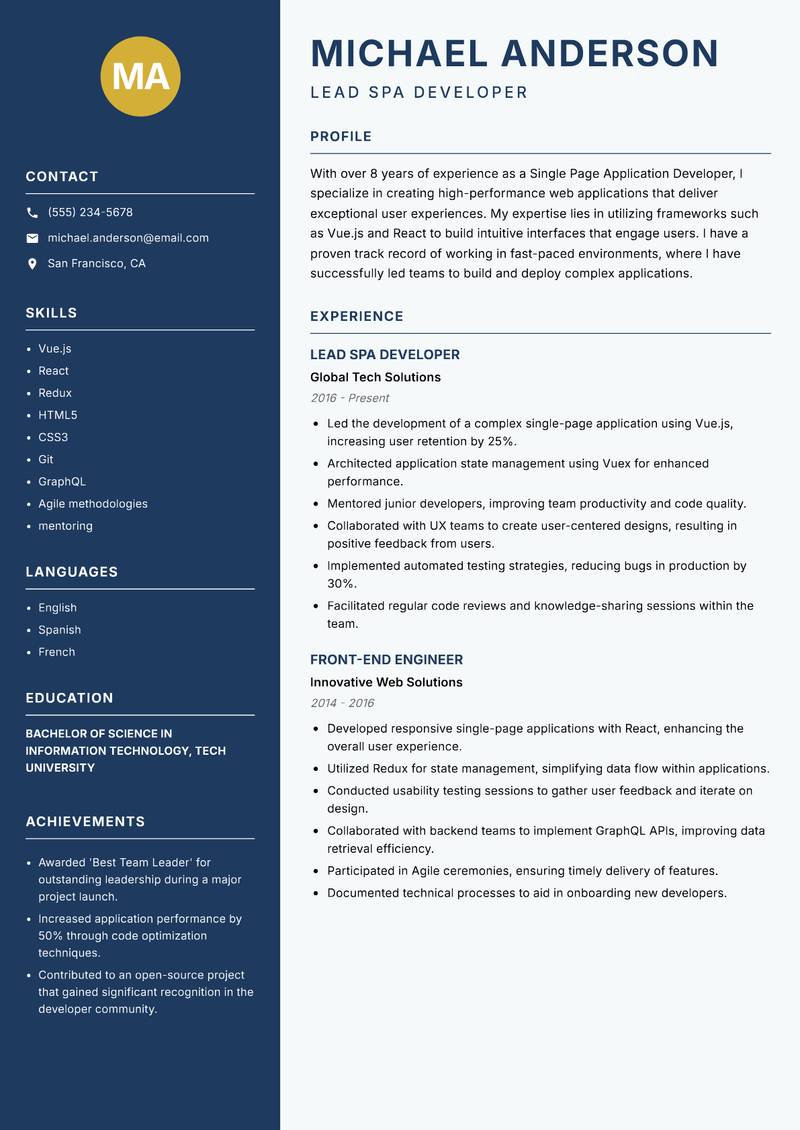 Single Page Application Developer resume sample — Lead SPA Developer focus