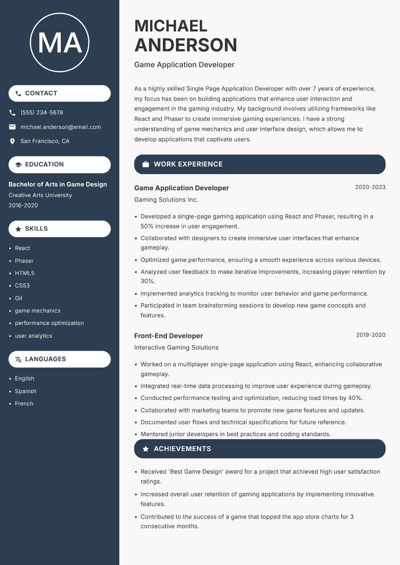 Single Page Application Developer resume sample — Game Application Developer focus