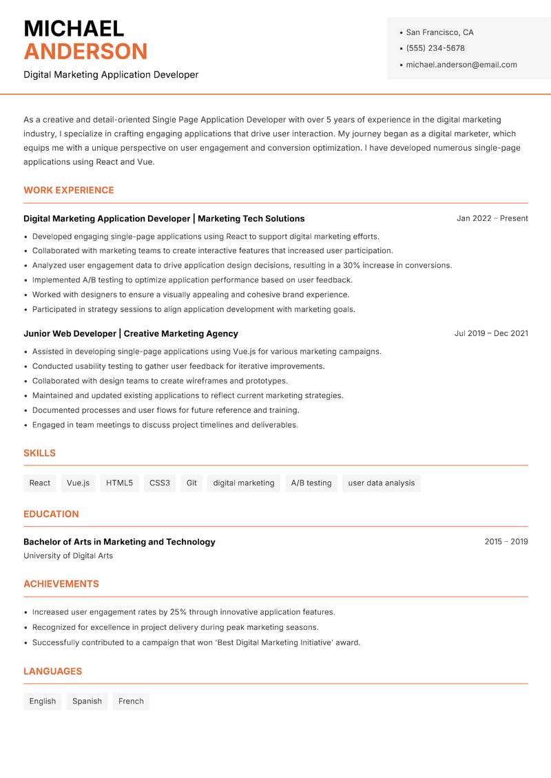 Single Page Application Developer resume sample — Digital Marketing Application Developer focus