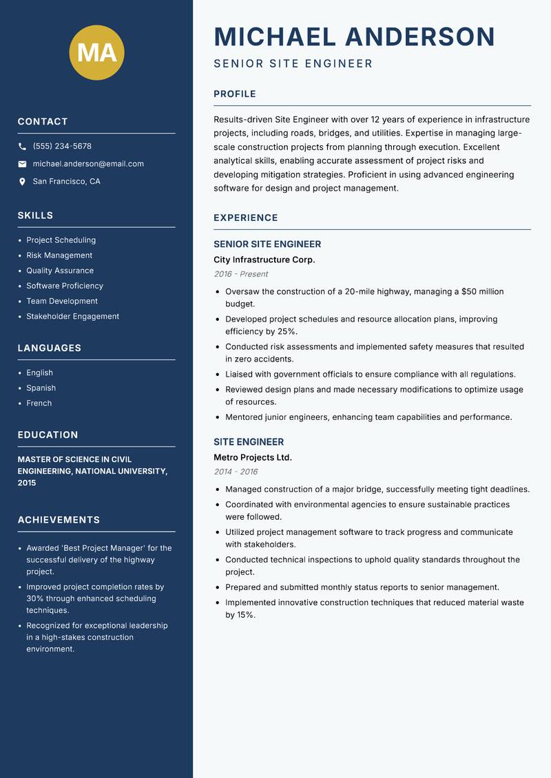 Site Engineer resume sample — Senior Site Engineer focus