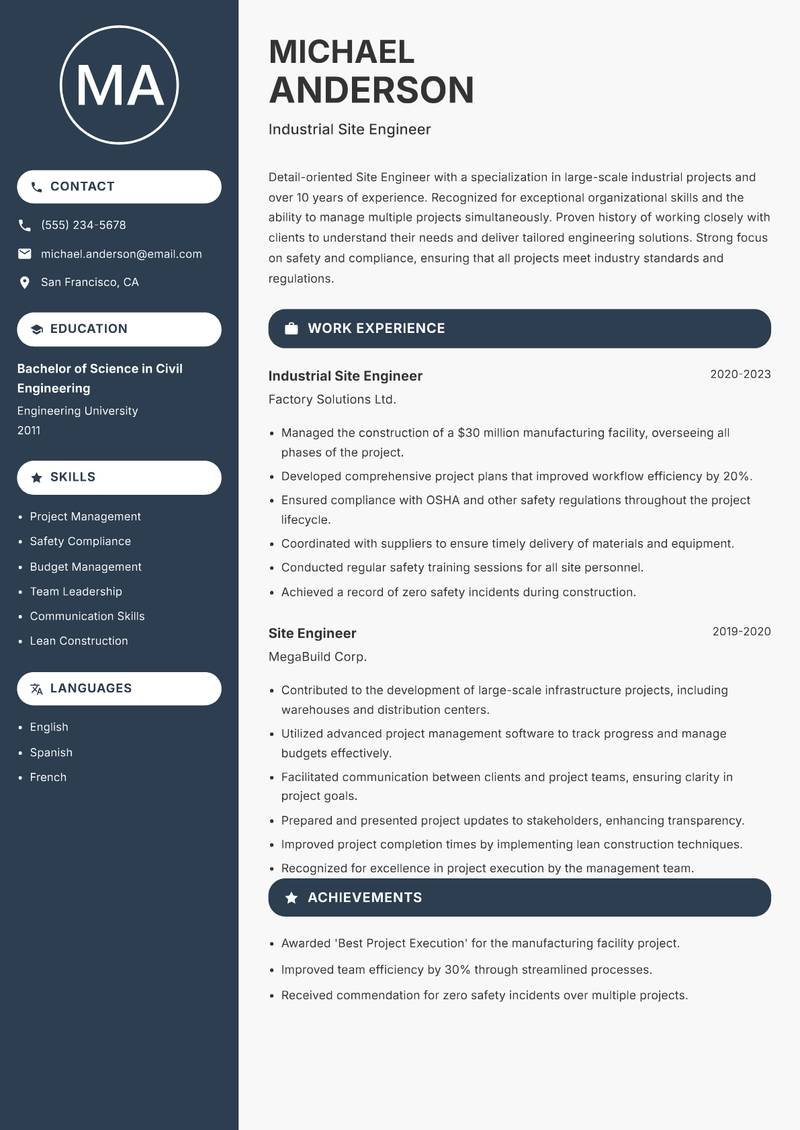 Site Engineer resume sample — Industrial Site Engineer focus