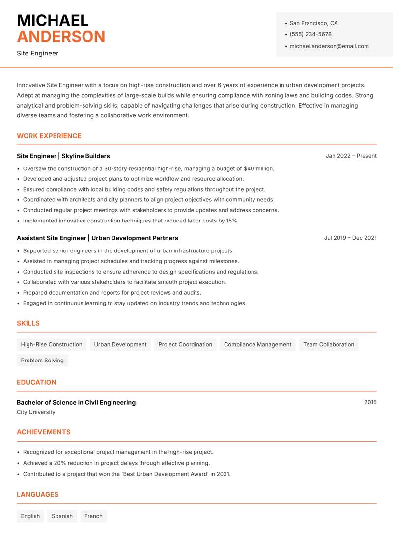Site Engineer resume sample — Site Engineer focus