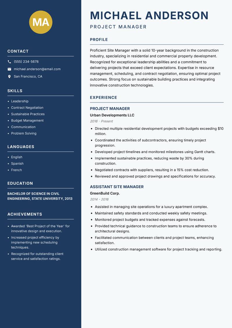 Site Manager resume sample — Project Manager focus