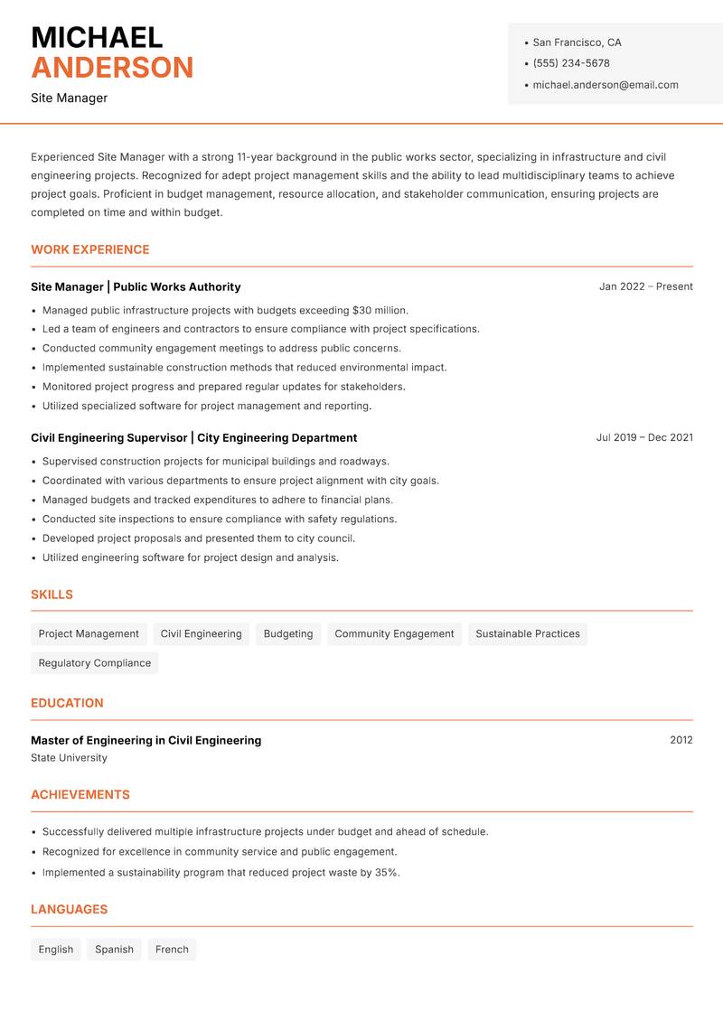 Site Manager resume sample — Site Manager focus