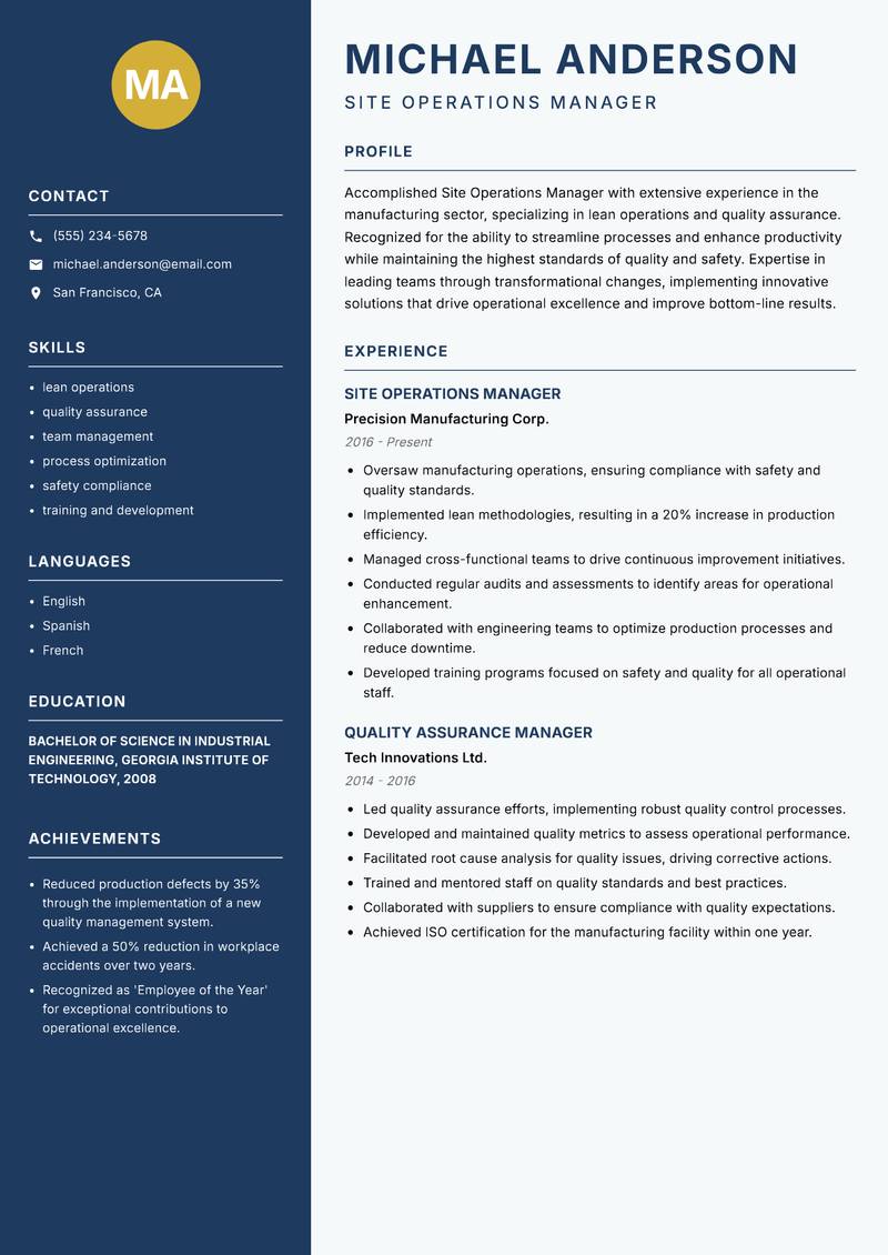 Site Operations Manager resume sample — Site Operations Manager focus