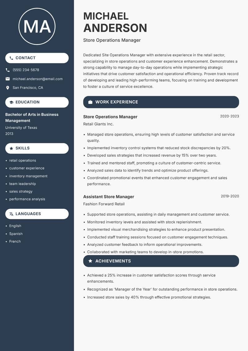 Site Operations Manager resume sample — Store Operations Manager focus