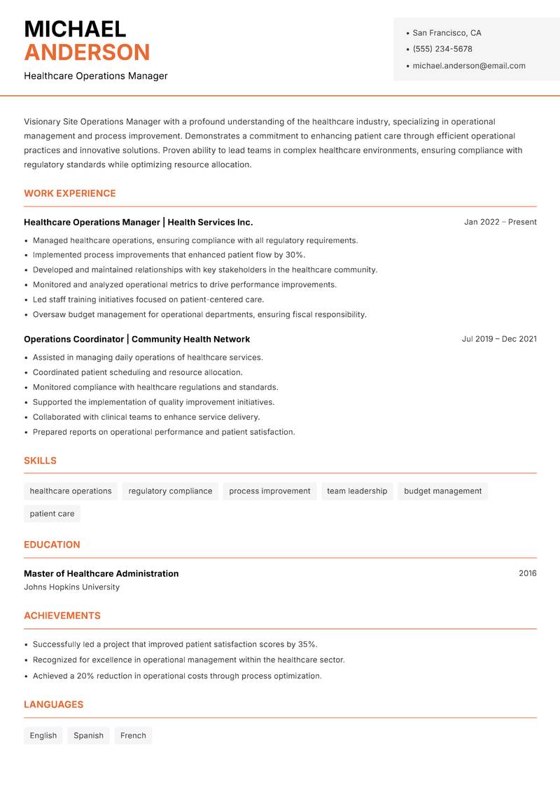 Site Operations Manager resume sample — Healthcare Operations Manager focus