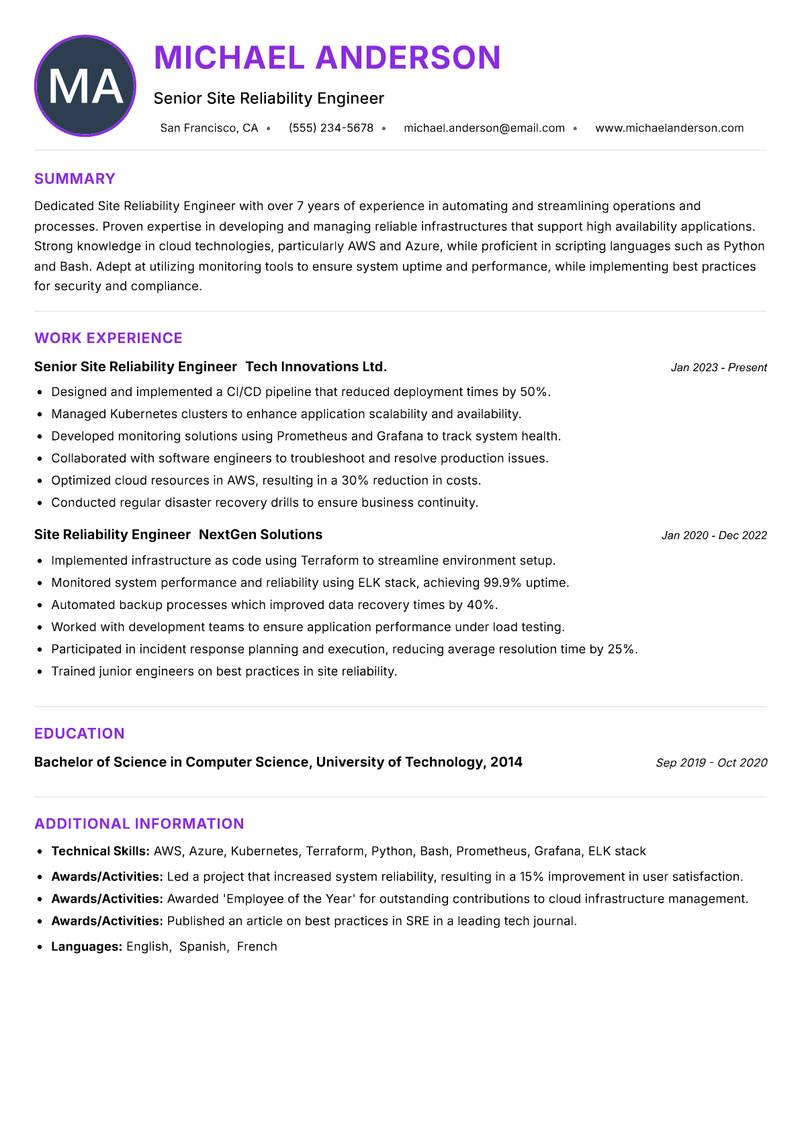 Site Reliability Engineer resume example