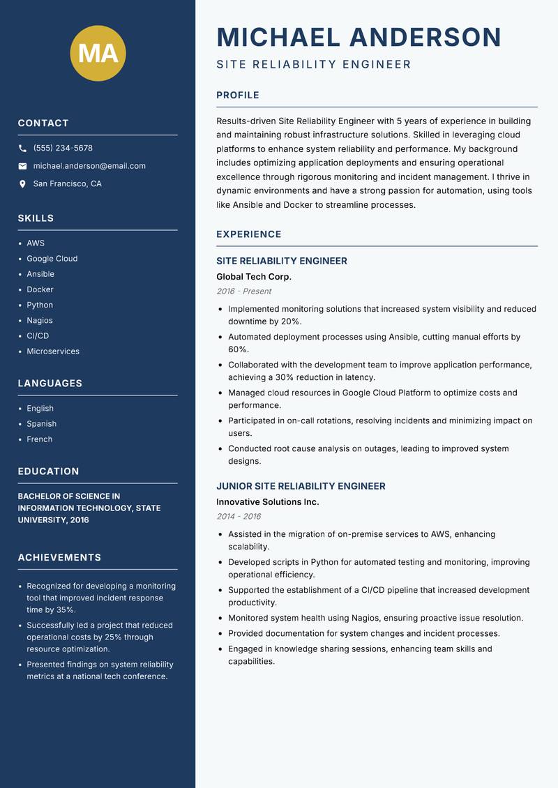 Site Reliability Engineer resume sample — Site Reliability Engineer focus