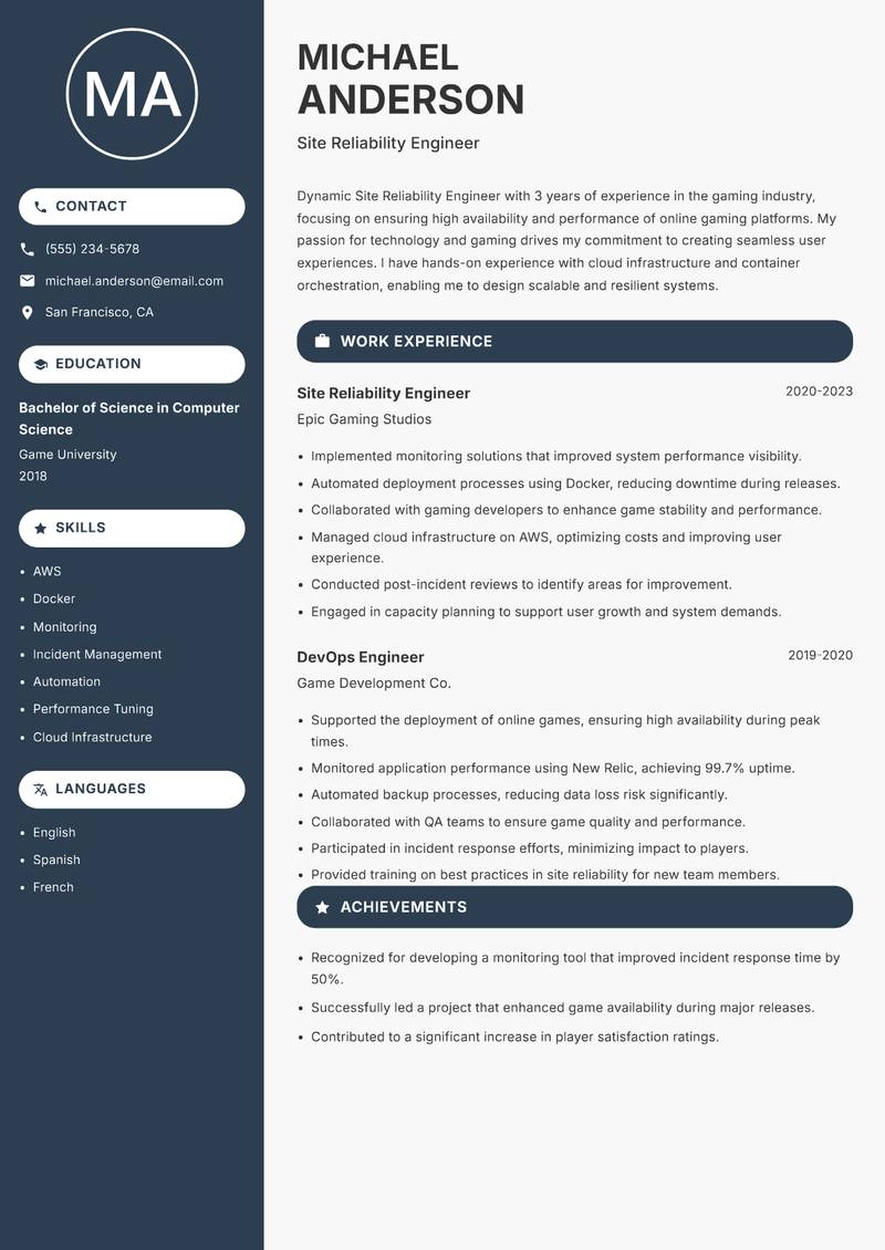 Site Reliability Engineer resume sample — Site Reliability Engineer focus