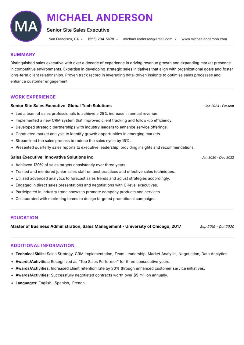 Site Sales Executive resume example