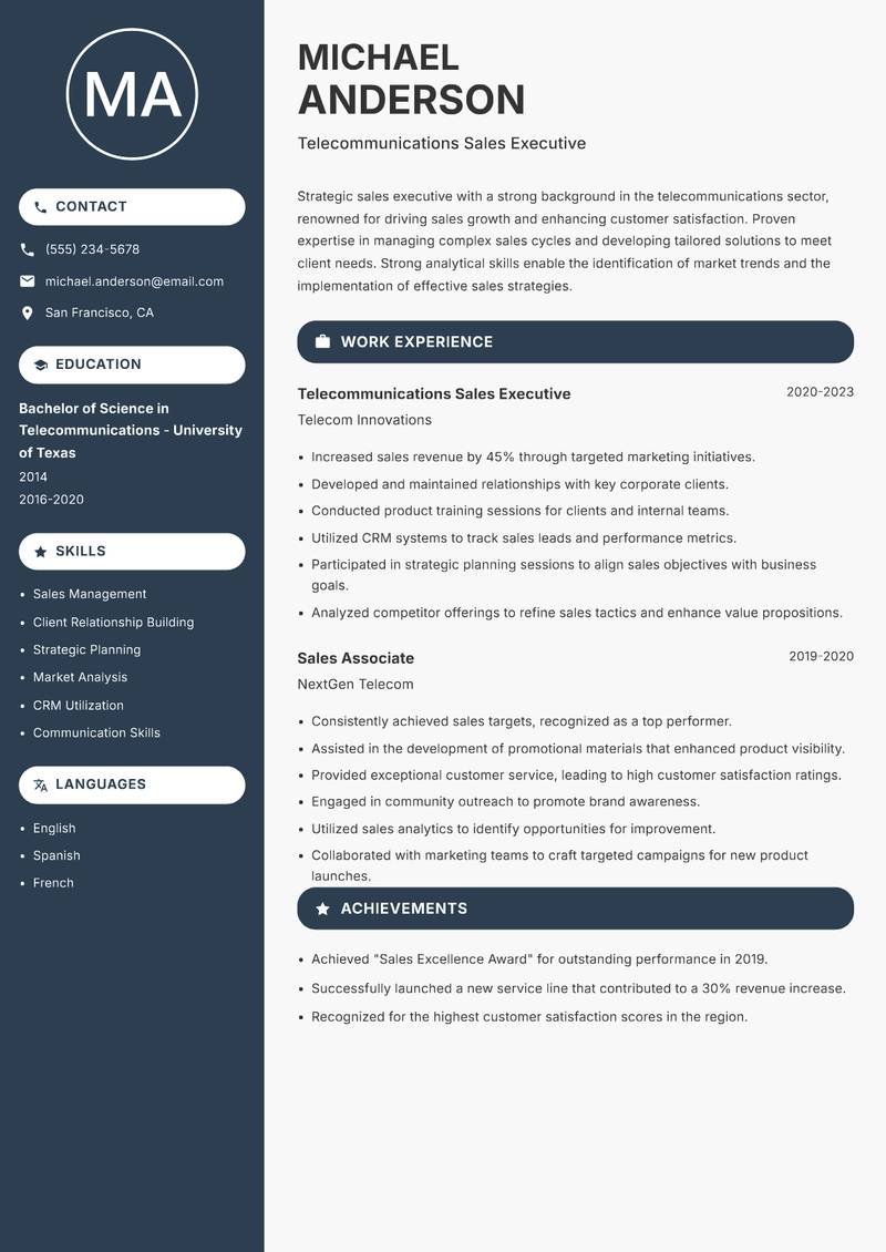 Site Sales Executive resume sample — Telecommunications Sales Executive focus