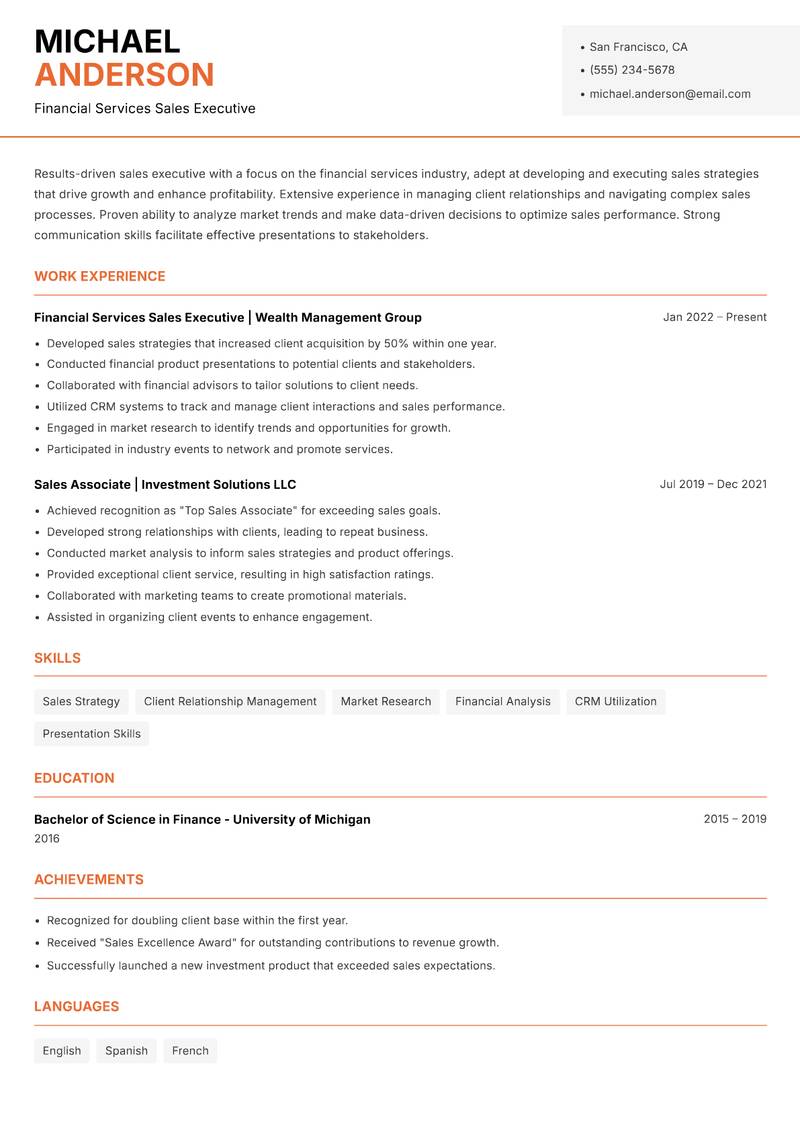 Site Sales Executive resume sample — Financial Services Sales Executive focus