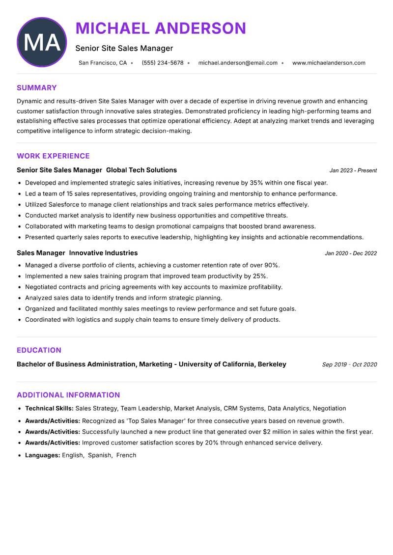 Site Sales Manager resume example