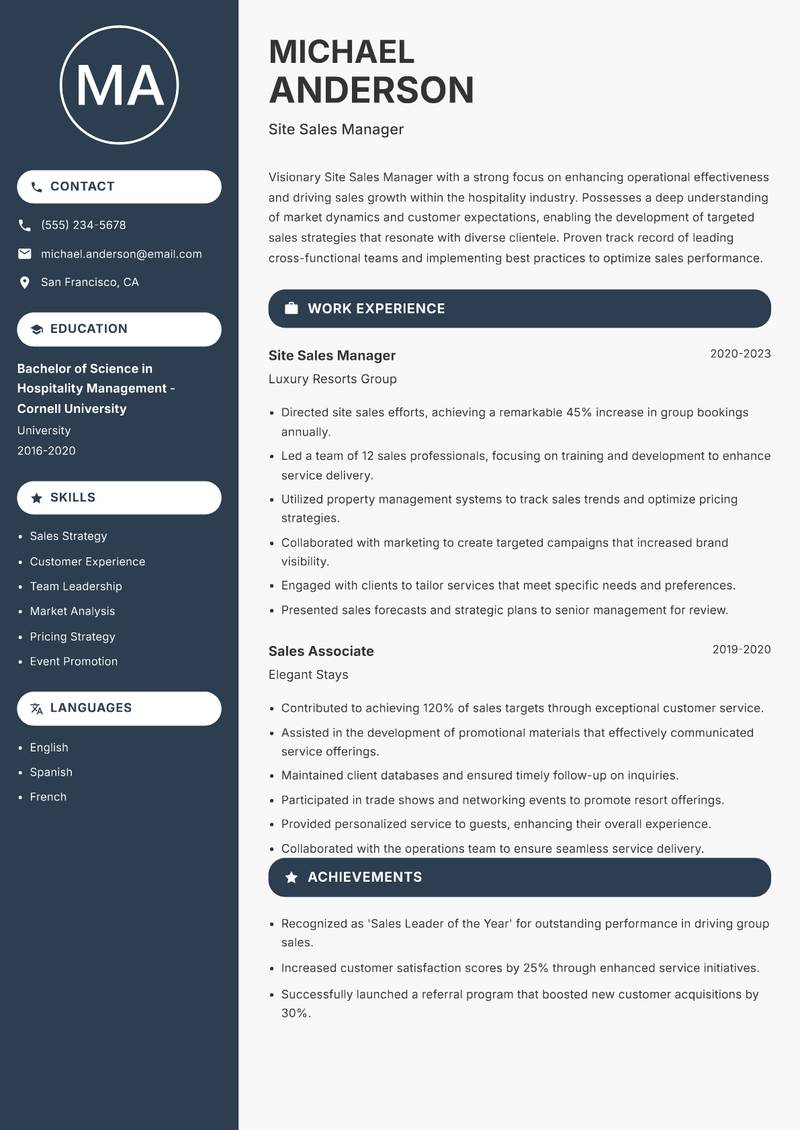 Site Sales Manager resume sample — Site Sales Manager focus