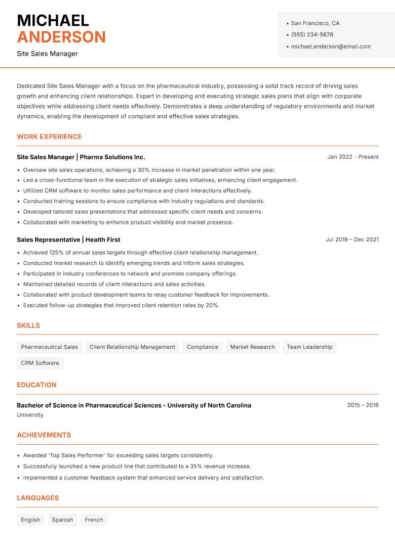 Site Sales Manager resume sample — Site Sales Manager focus