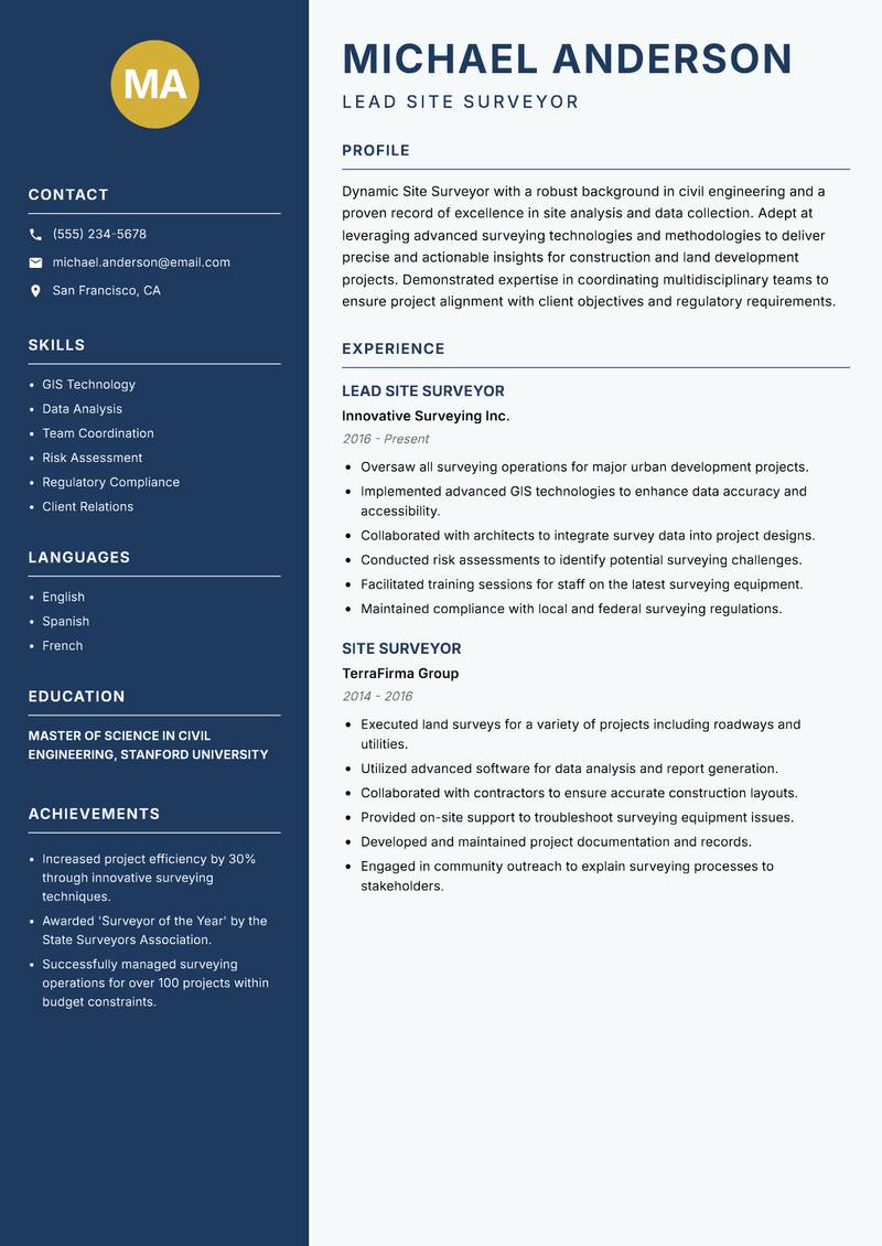 Site Surveyor resume sample — Lead Site Surveyor focus