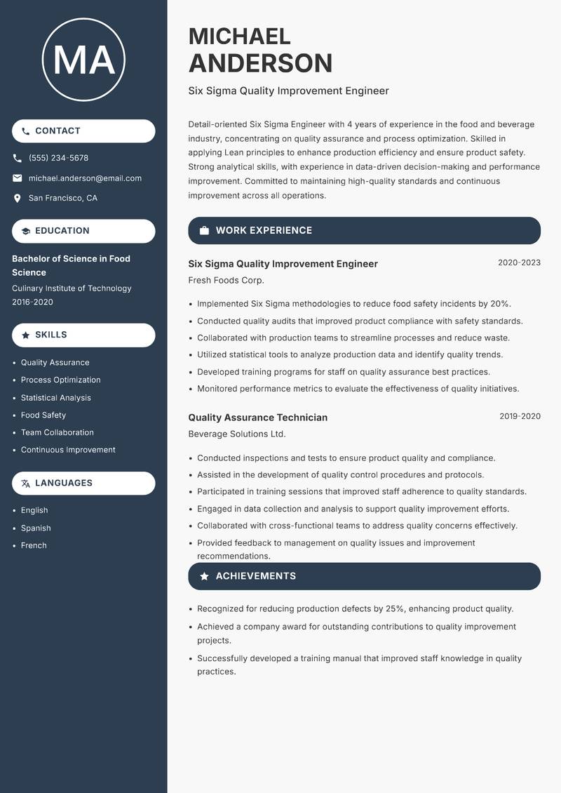 Six Sigma Engineer resume sample — Six Sigma Quality Improvement Engineer focus
