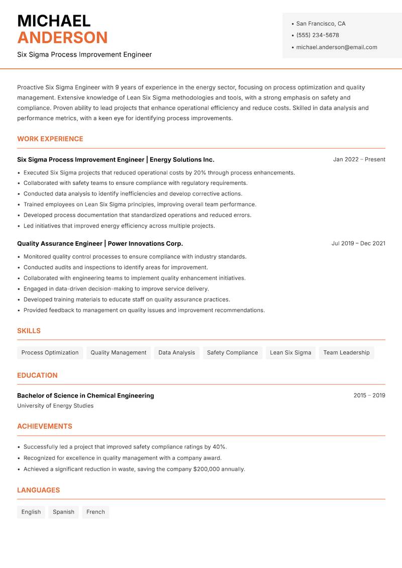 Six Sigma Engineer resume sample — Six Sigma Process Improvement Engineer focus