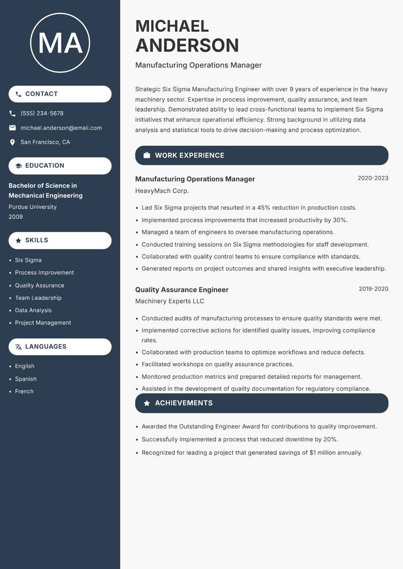 Six Sigma Manufacturing Engineer resume sample — Manufacturing Operations Manager focus