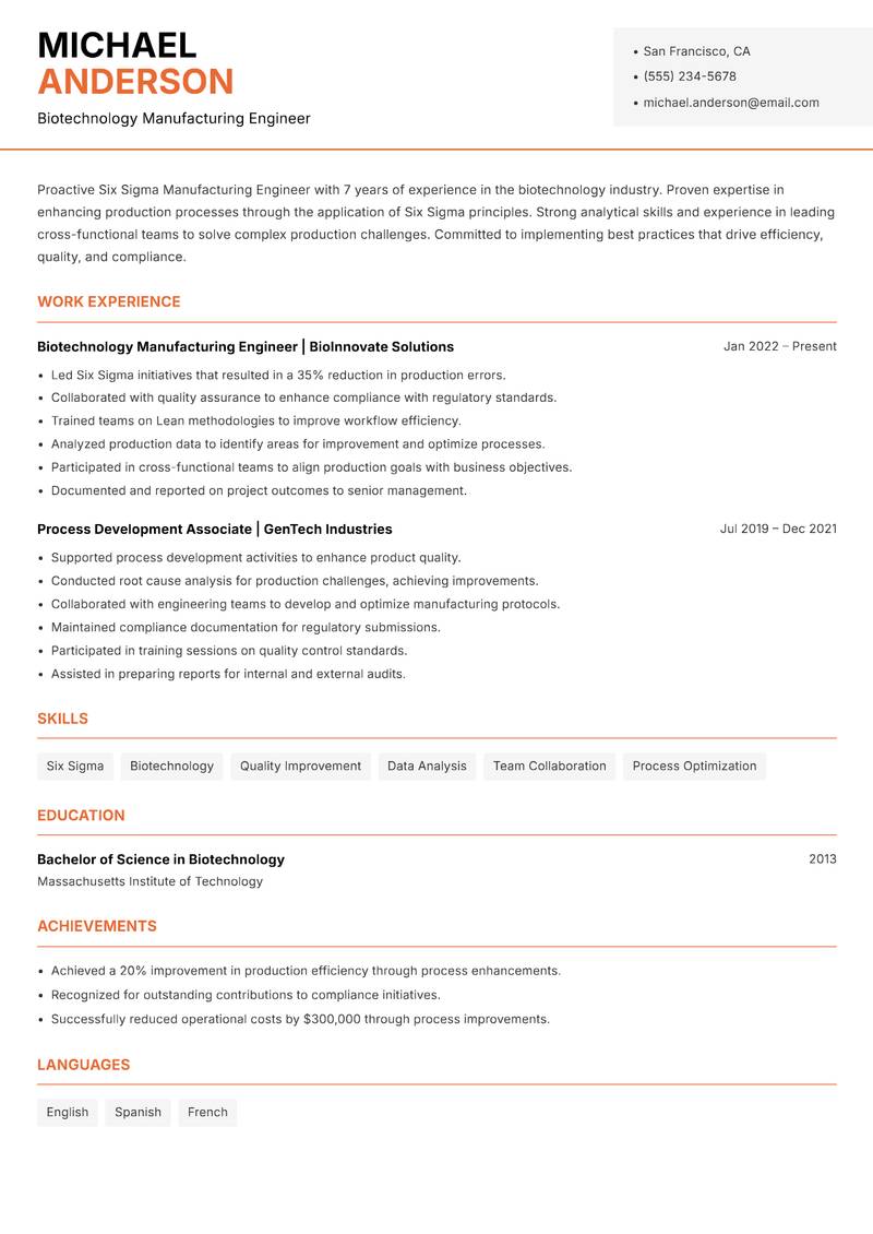 Six Sigma Manufacturing Engineer resume sample — Biotechnology Manufacturing Engineer focus