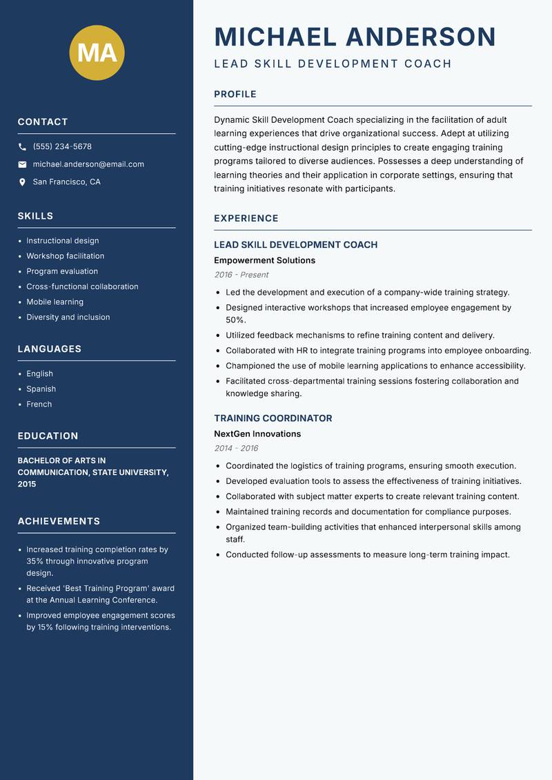 Skill Development Coach resume sample — Lead Skill Development Coach focus