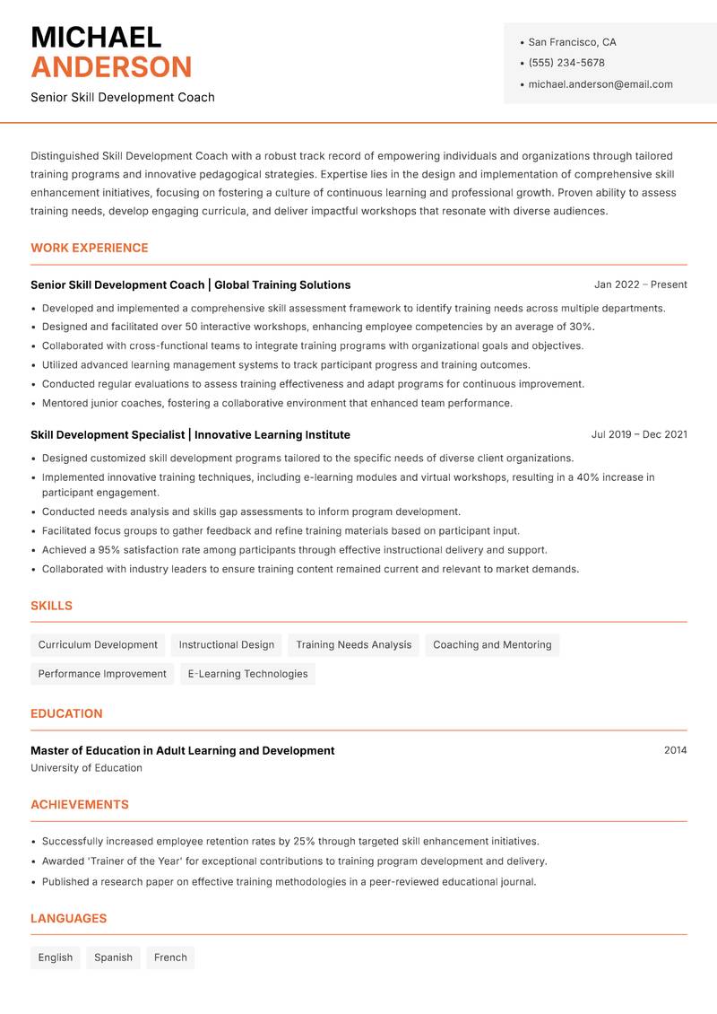 Skill Development Coach resume sample — Senior Skill Development Coach focus