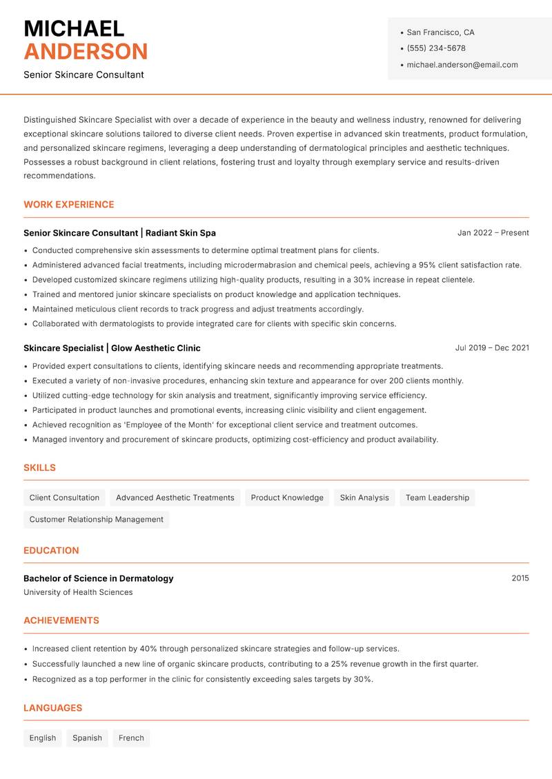 Skincare Specialist resume sample — Senior Skincare Consultant focus