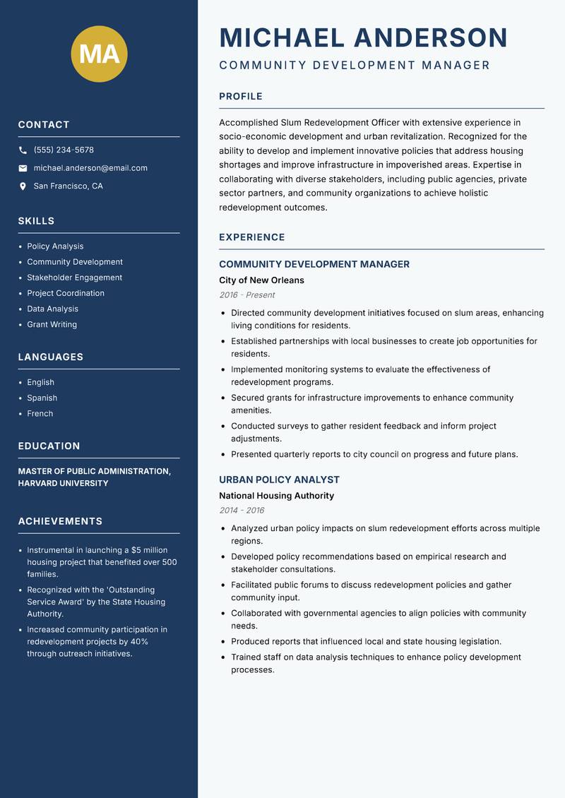 Slum Redevelopment Officer resume sample — Community Development Manager focus