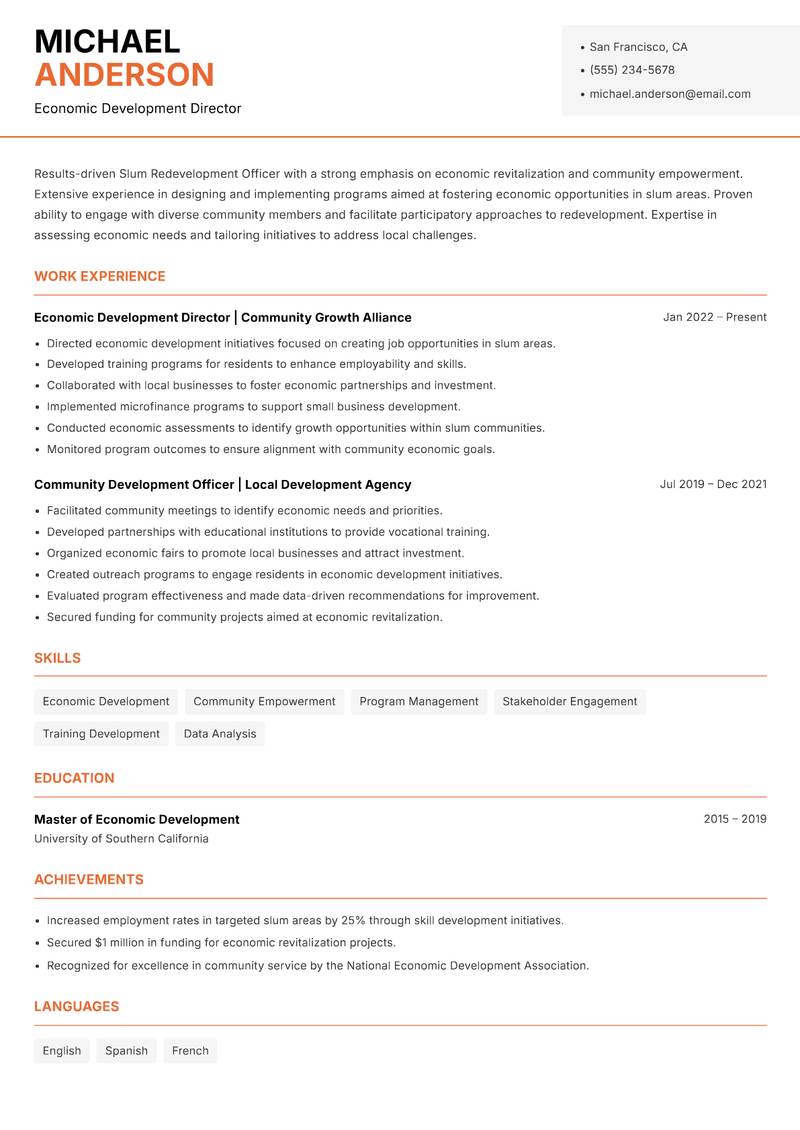 Slum Redevelopment Officer resume sample — Economic Development Director focus