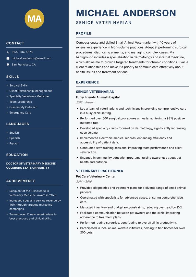 Small Animal Veterinarian resume sample — Senior Veterinarian focus
