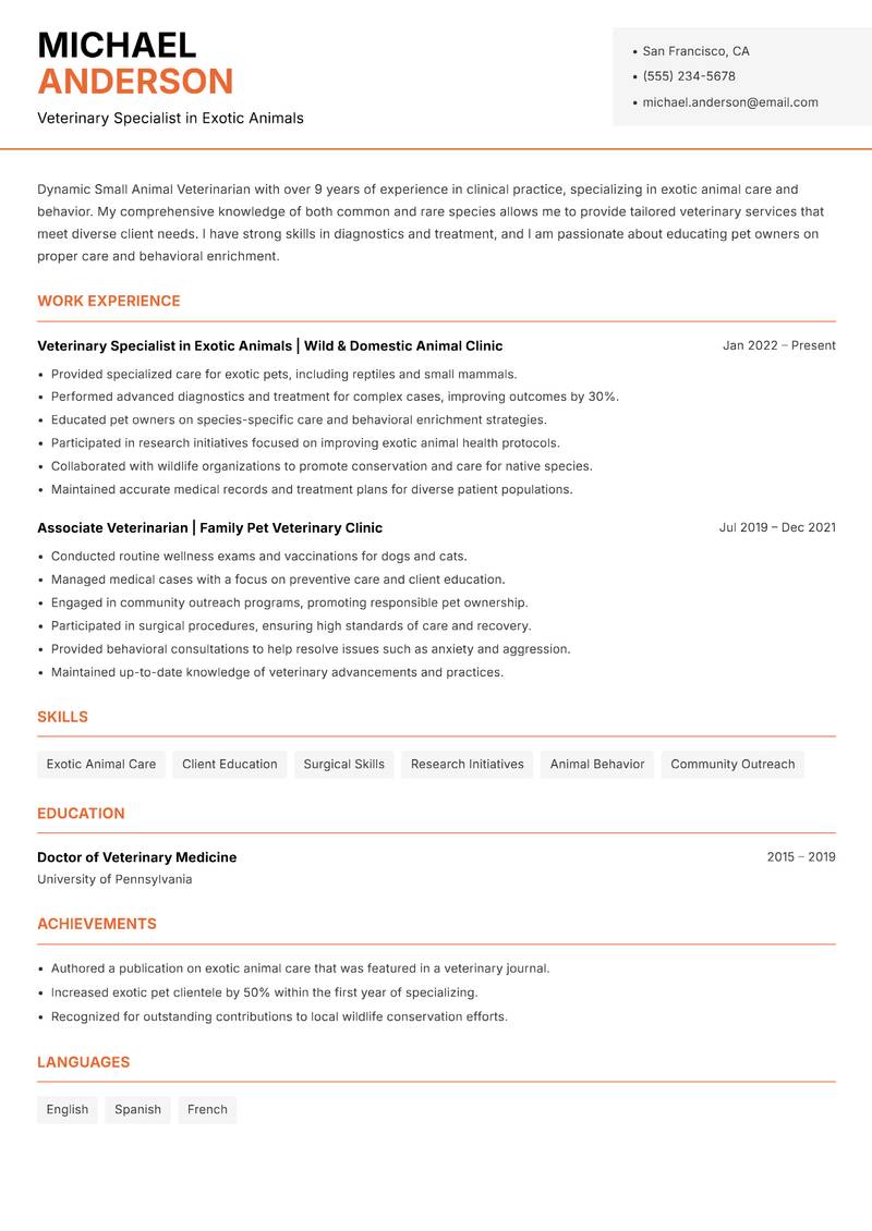 Small Animal Veterinarian resume sample — Veterinary Specialist in Exotic Animals focus