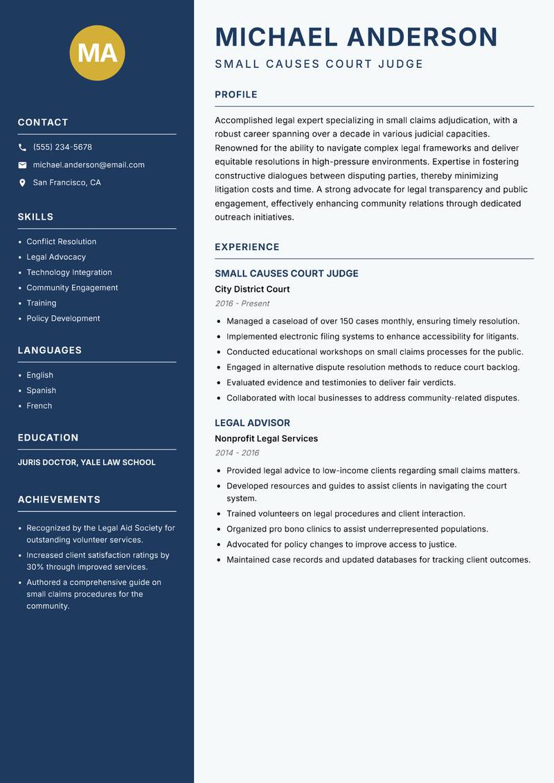 Small Causes Court Judge resume sample — Small Causes Court Judge focus