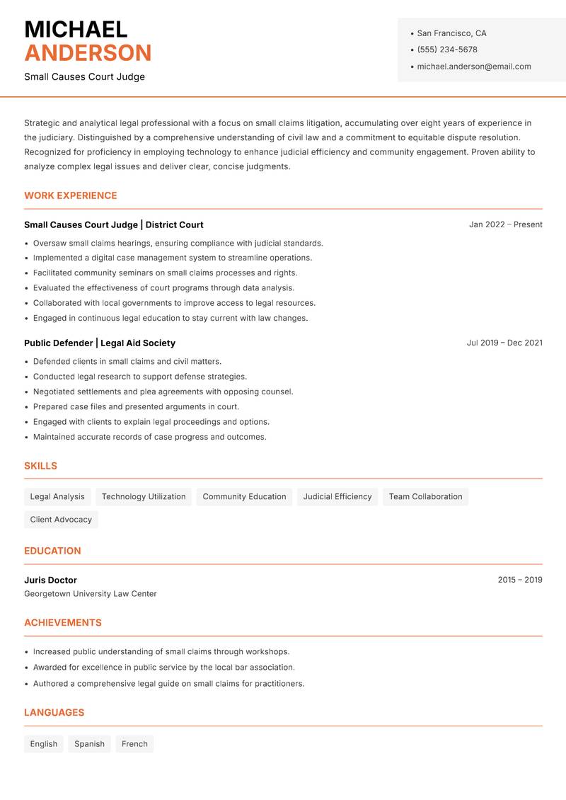 Small Causes Court Judge resume sample — Small Causes Court Judge focus