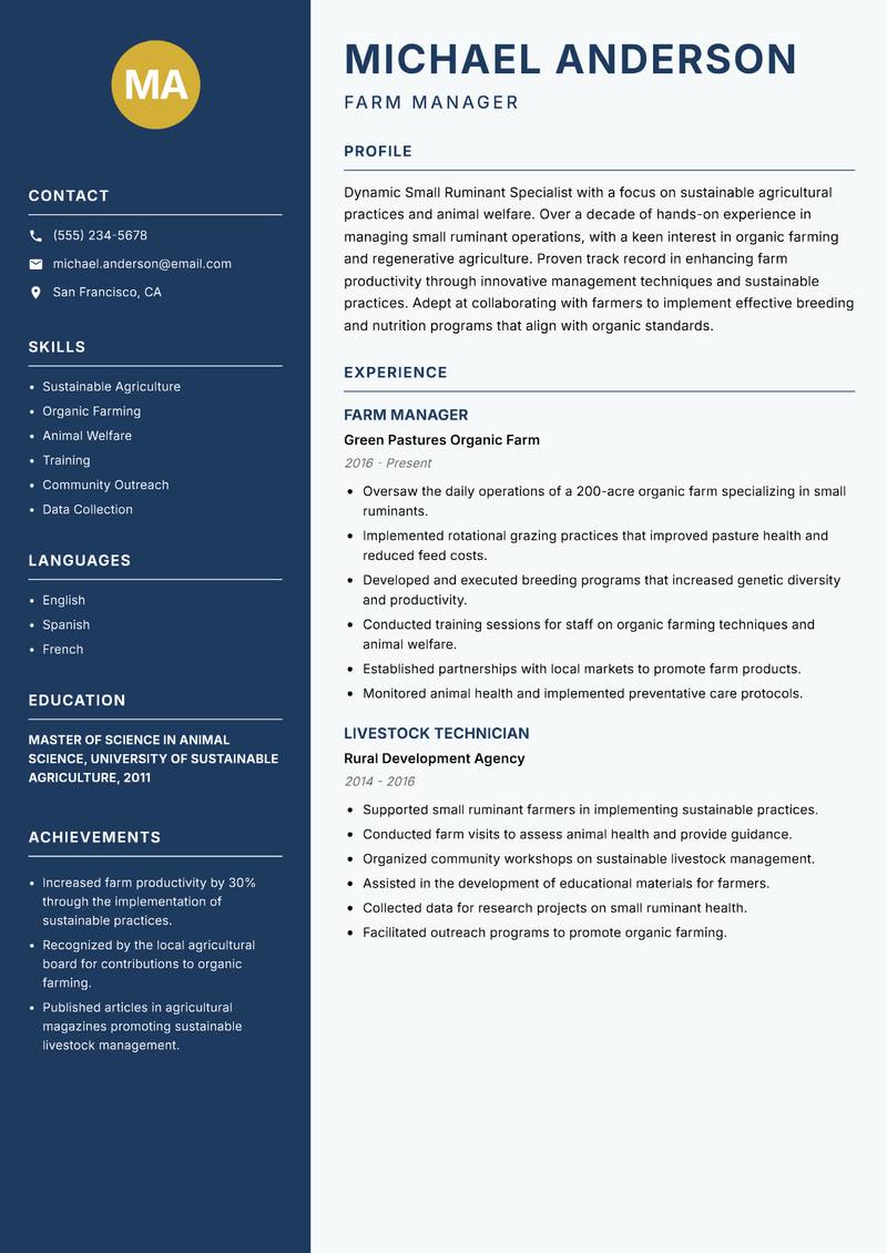 Small Ruminant Specialist resume sample — Farm Manager focus