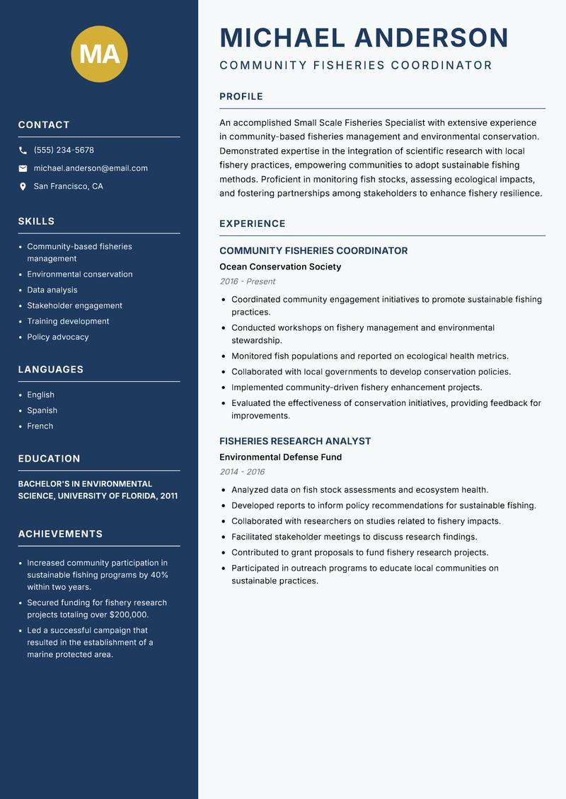 Small Scale Fisheries Specialist resume sample — Community Fisheries Coordinator focus