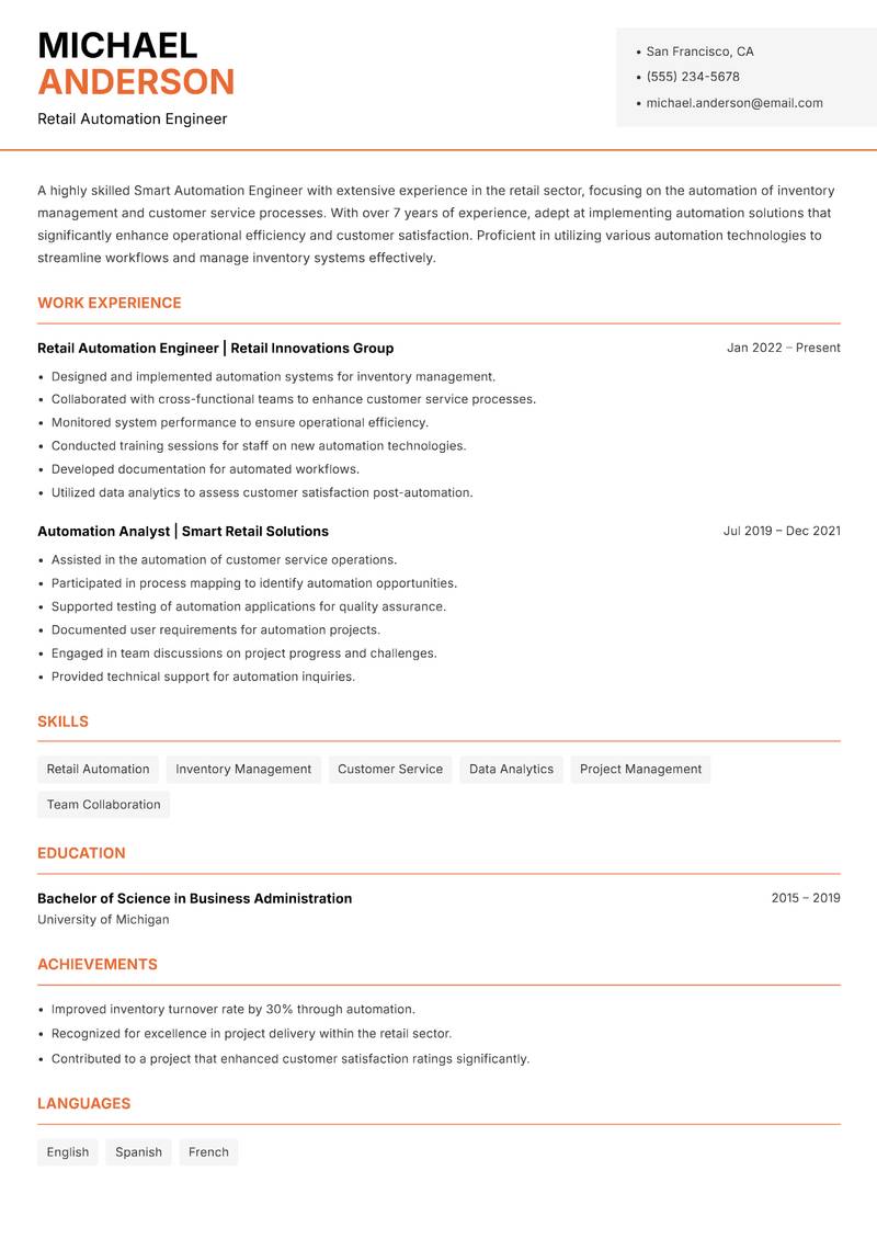 Smart Automation Engineer resume sample — Retail Automation Engineer focus