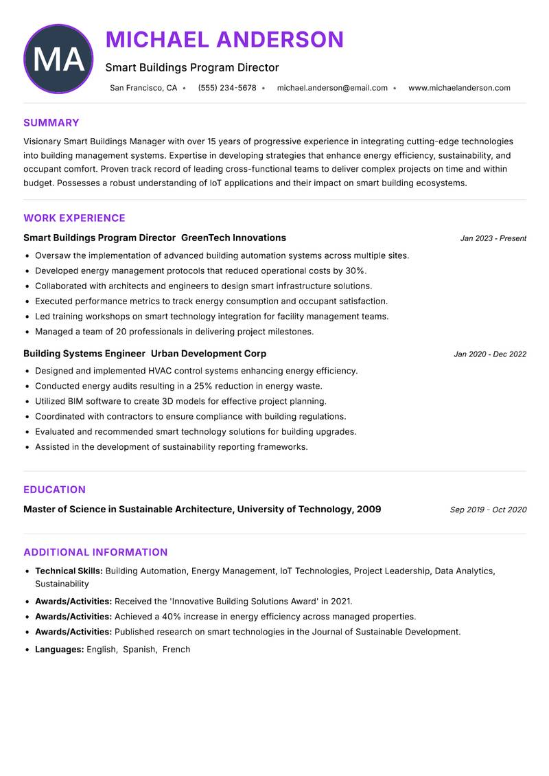 Smart Buildings Manager resume example