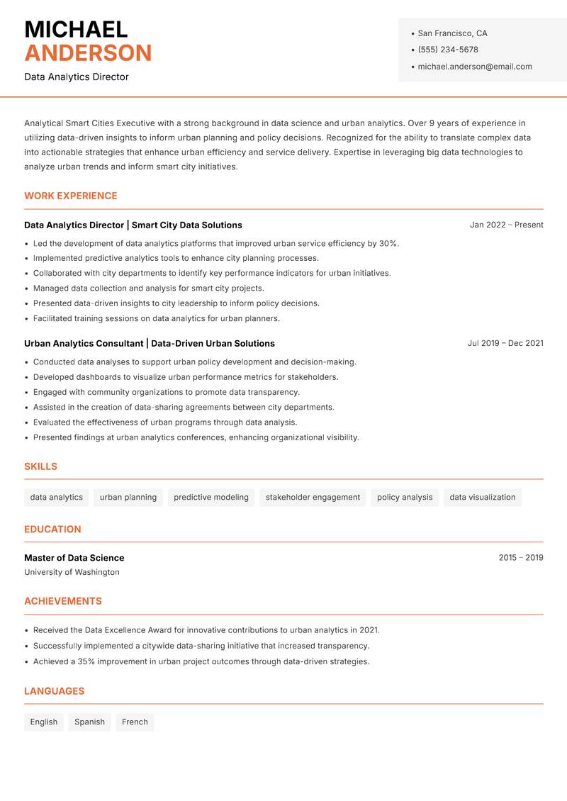 Smart Cities Executive resume sample — Data Analytics Director focus