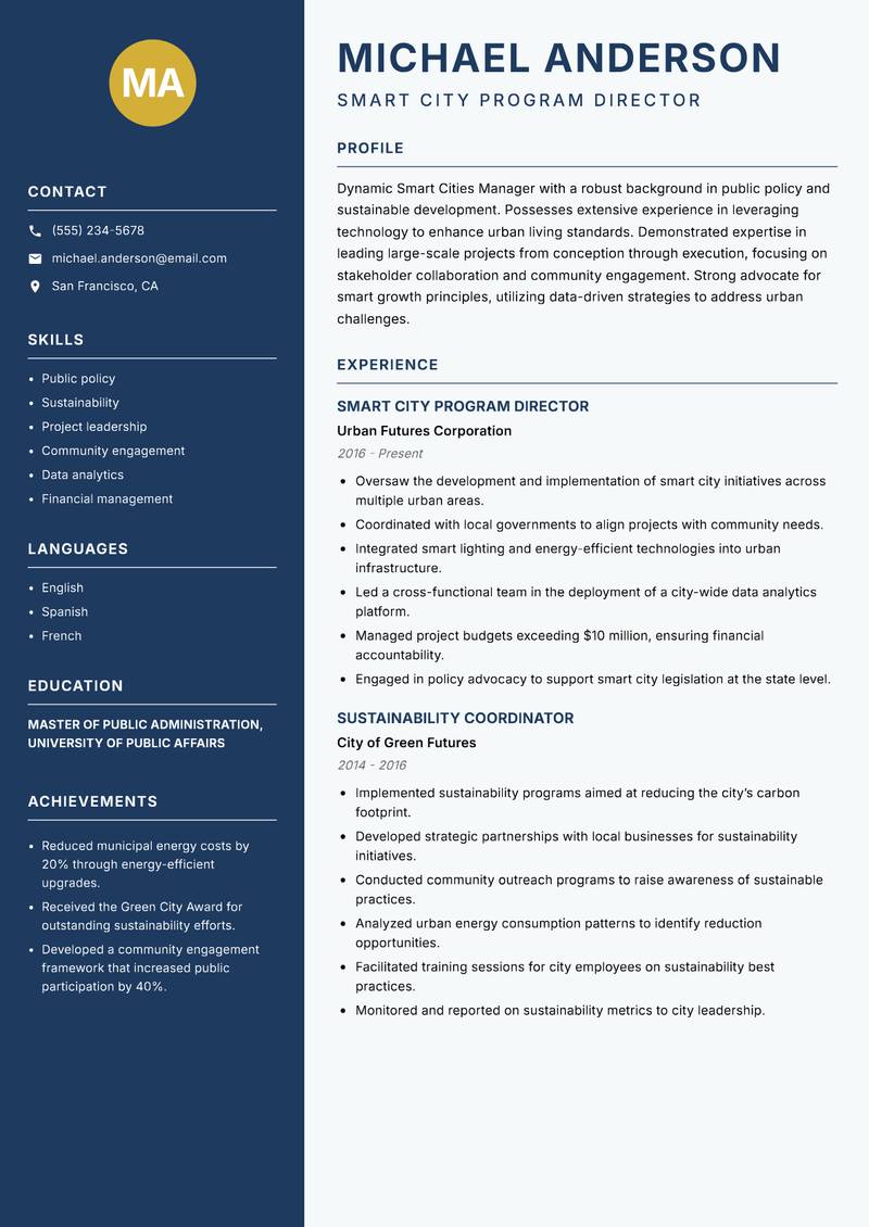 Smart Cities Manager resume sample — Smart City Program Director focus