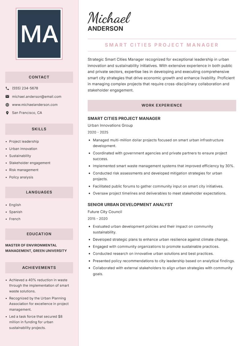 Smart Cities Manager resume sample — Smart Cities Project Manager focus