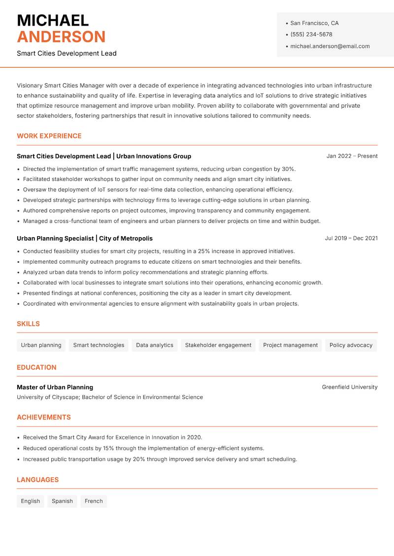 Smart Cities Manager resume sample — Smart Cities Development Lead focus