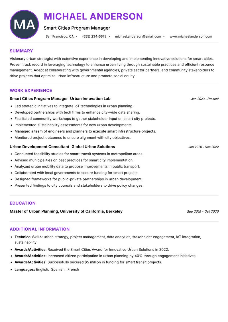 Smart Cities Officer resume example