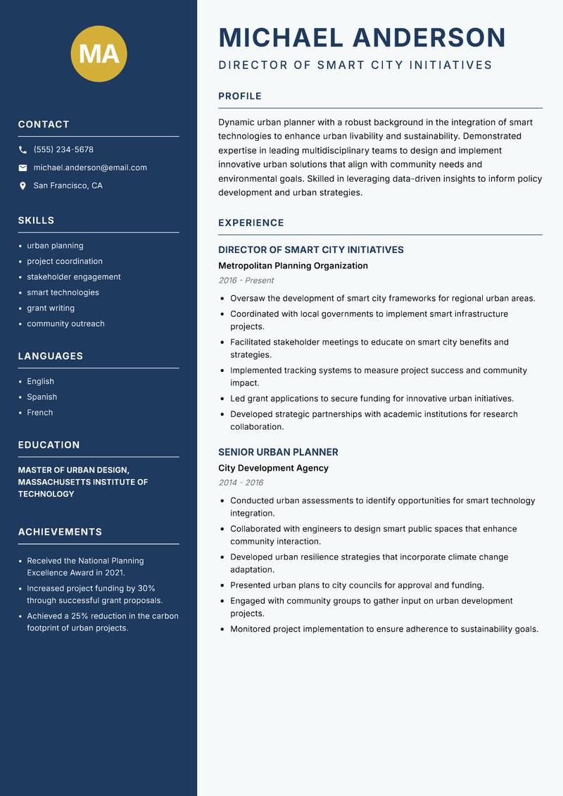 Smart Cities Officer resume sample — Director of Smart City Initiatives focus