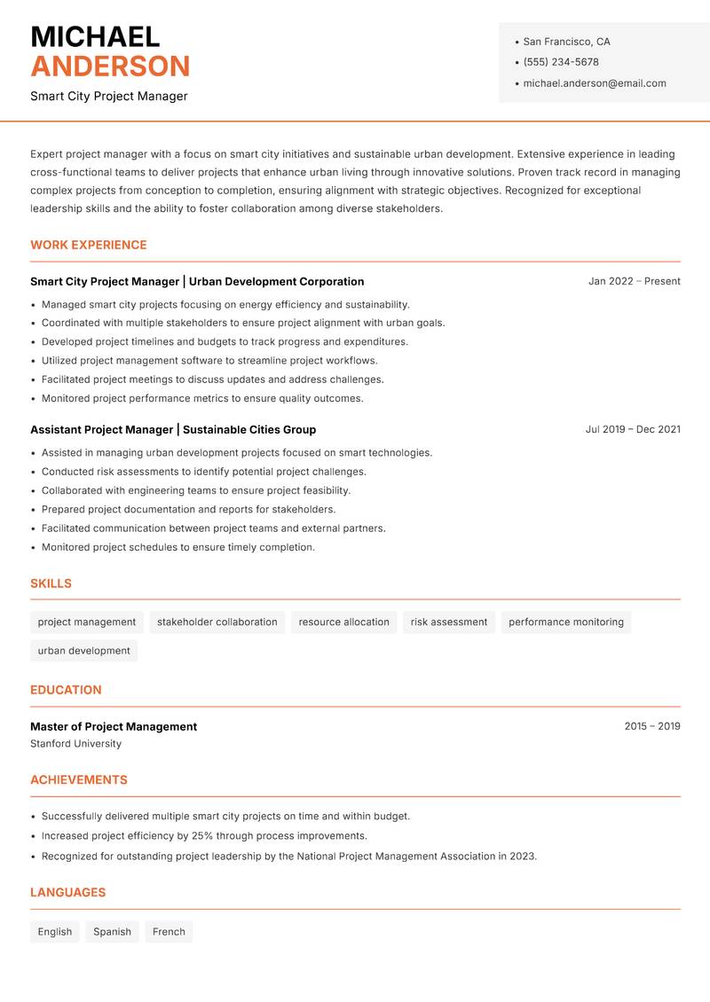 Smart Cities Officer resume sample — Smart City Project Manager focus