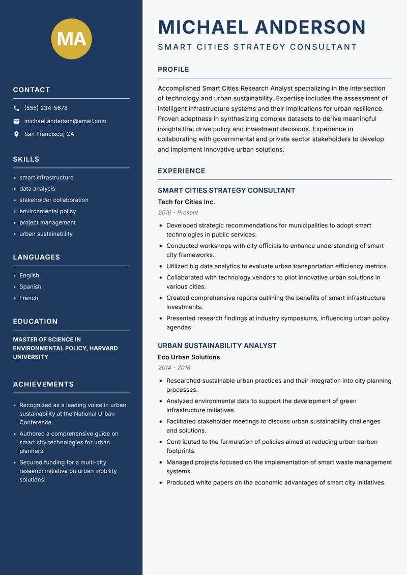 Smart Cities Research Analyst resume sample — Smart Cities Strategy Consultant focus