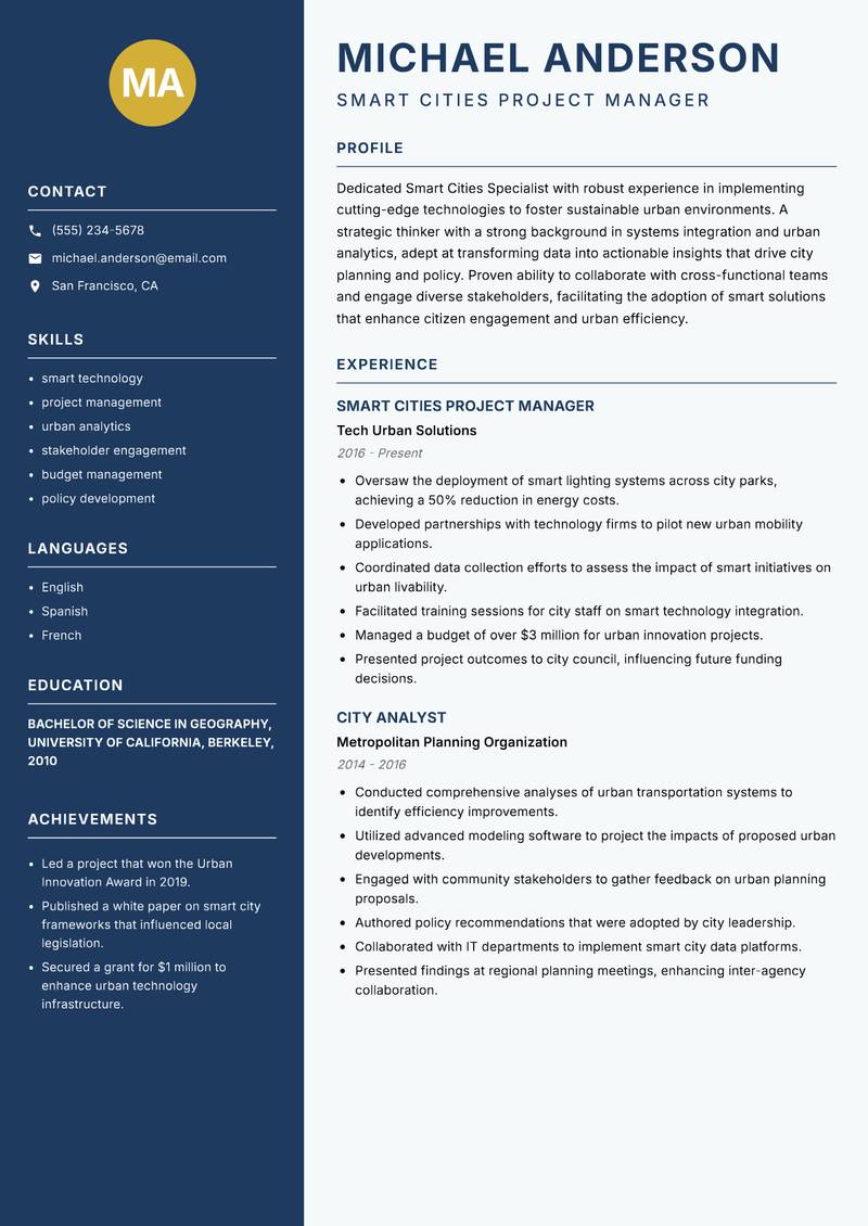 Smart Cities Specialist resume sample — Smart Cities Project Manager focus